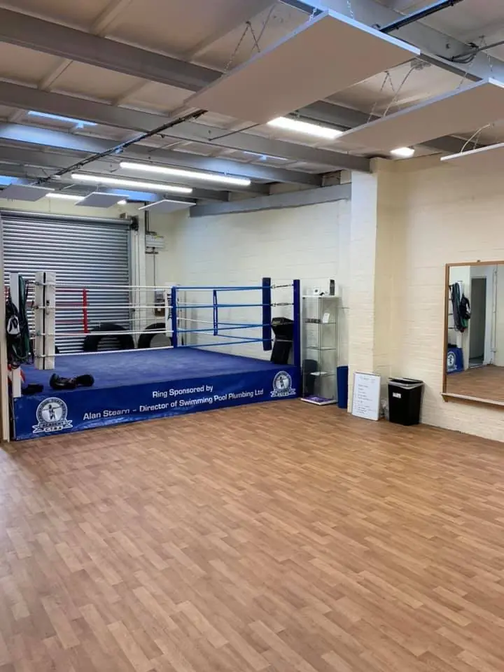 The training floor and boxing ring at JH Fitness Academy, Bar Hill